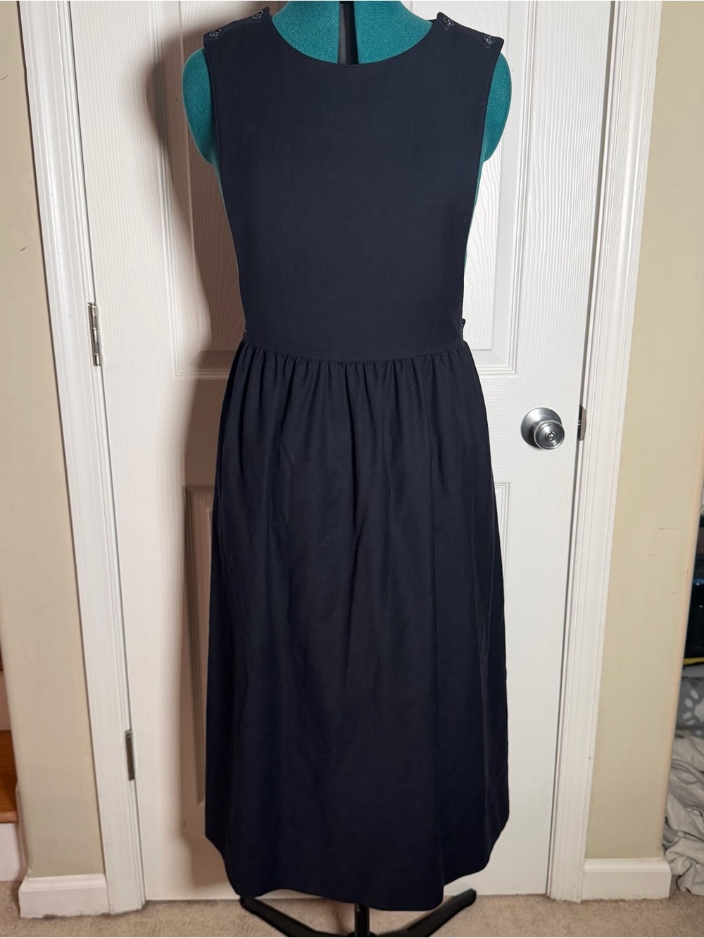 Vintage 100% Wool Navy Apron Dress Made in USA Button Shoulder Pinafore Layering